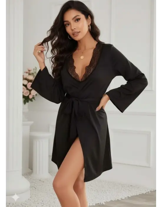 Kadın Uzun Kollu Dantel Yakalı Belden Kuşaklı Viskon Gecelik