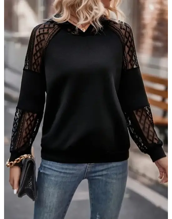 Kadın Uzun Kollu Dantelli Kapşonlu Viskon Iki Iplik Bluz
