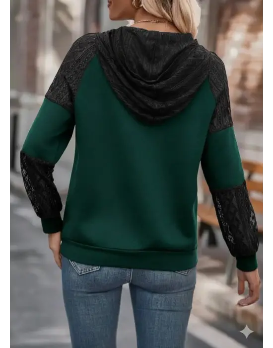 Kadın Uzun Kollu Dantelli Kapşonlu Viskon Iki Iplik Bluz