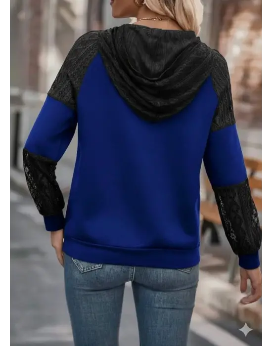 Kadın Uzun Kollu Dantelli Kapşonlu Viskon Iki Iplik Bluz