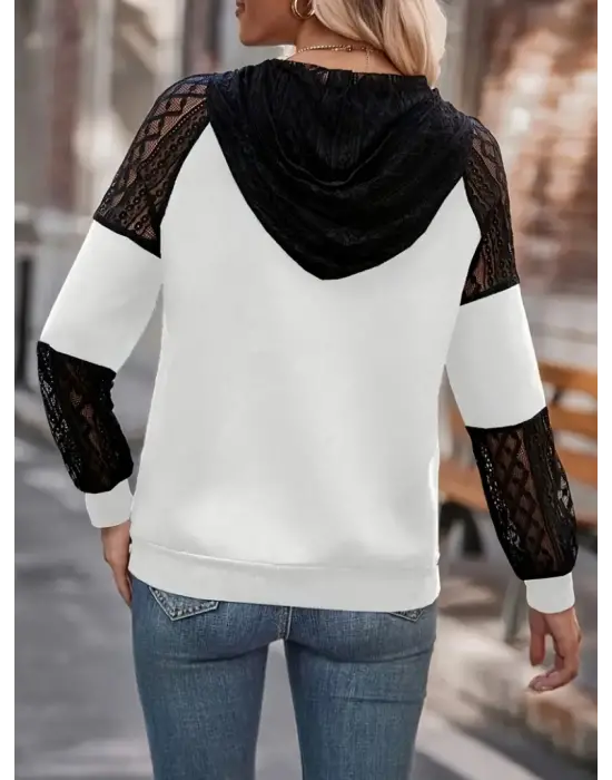 Kadın Uzun Kollu Dantelli Kapşonlu Viskon Iki Iplik Bluz