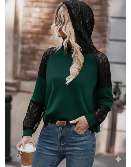 Kadın Uzun Kollu Dantelli Kapşonlu Viskon Iki Iplik Bluz