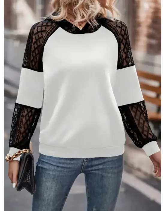 Kadın Uzun Kollu Dantelli Kapşonlu Viskon Iki Iplik Bluz