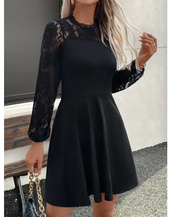 Kadın Uzun Kollu Dantelli Kloş Mini Ithal Krep Elbise