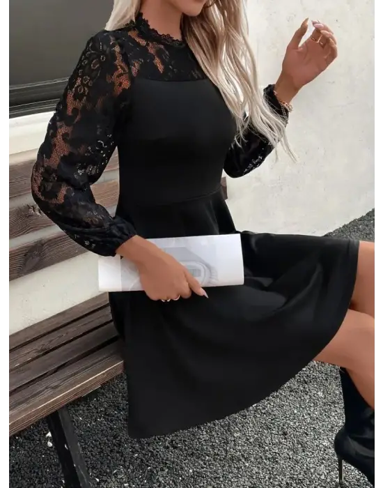 Kadın Uzun Kollu Dantelli Kloş Mini Ithal Krep Elbise