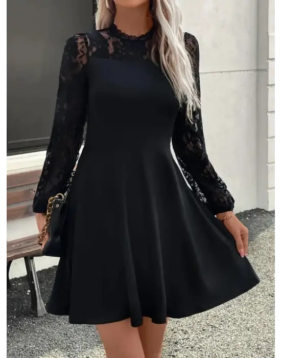 Kadın Uzun Kollu Dantelli Kloş Mini Ithal Krep Elbise