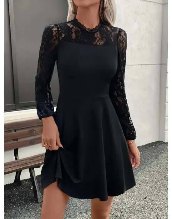 Kadın Uzun Kollu Dantelli Kloş Mini Ithal Krep Elbise