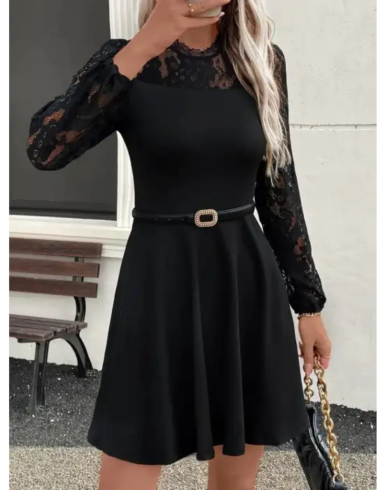 Kadın Uzun Kollu Dantelli Kloş Mini Ithal Krep Elbise