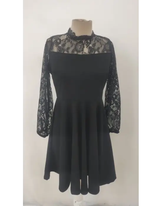 Kadın Uzun Kollu Dantelli Kloş Mini Ithal Krep Elbise
