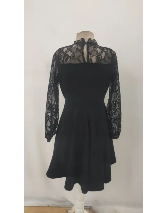 Kadın Uzun Kollu Dantelli Kloş Mini Ithal Krep Elbise