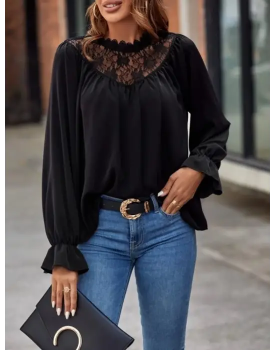Kadın Uzun Kollu Dantelli Salaş Sandy Bluz