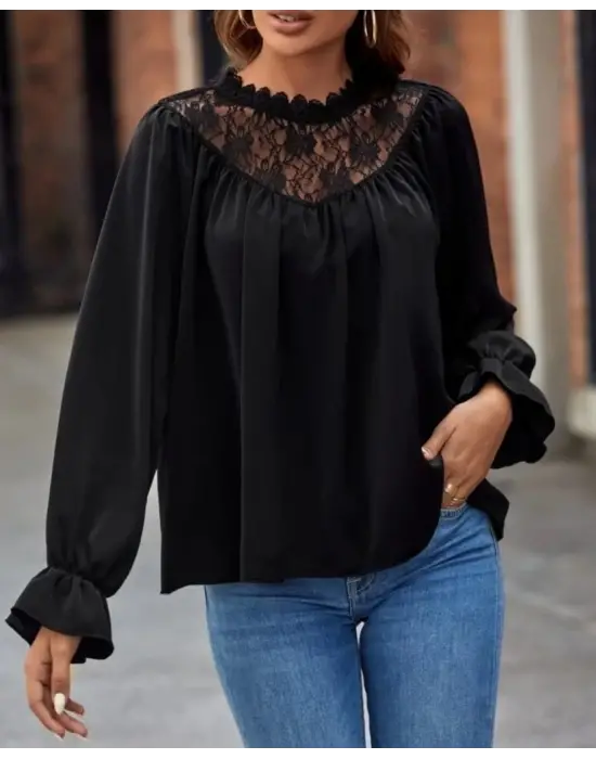 Kadın Uzun Kollu Dantelli Salaş Sandy Bluz