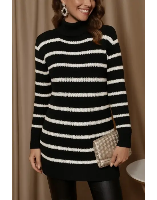 Kadın Uzun Kollu Degaje Yaka çizgili Sonya Iplik Mini Boy Triko Elbise (kemersiz)