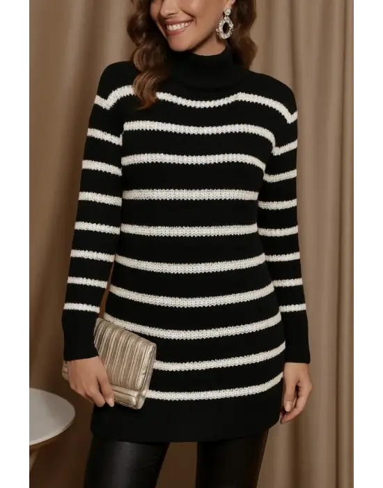 Kadın Uzun Kollu Degaje Yaka çizgili Sonya Iplik Mini Boy Triko Elbise (kemersiz)