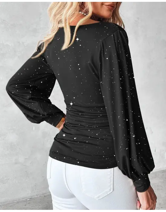 Kadın Uzun Kollu Degaje Yaka Taşlı Sandy Bluz