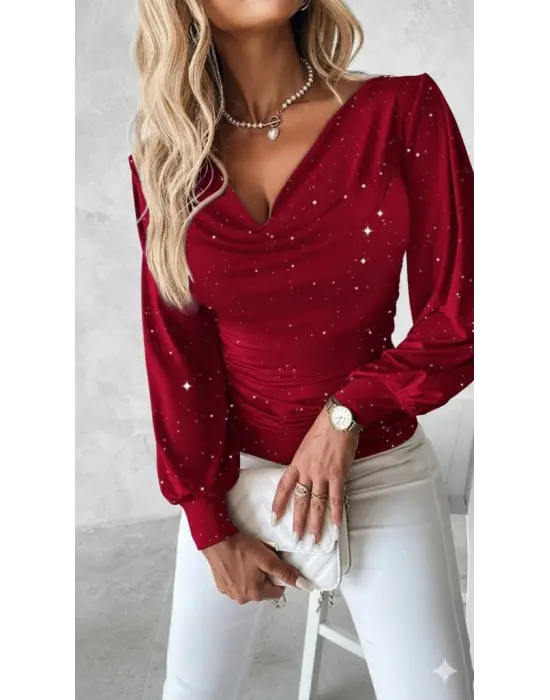 Kadın Uzun Kollu Degaje Yaka Taşlı Sandy Bluz