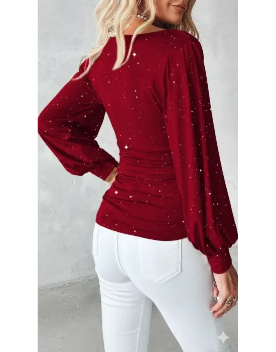 Kadın Uzun Kollu Degaje Yaka Taşlı Sandy Bluz