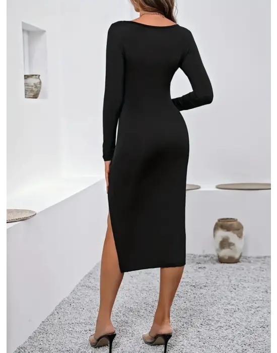 Omarı Sandy Midi Boy Elbise - Uzun Kollu ve Dekolte Detaylı
