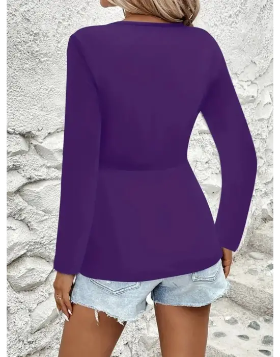 Kadın Uzun Kollu Dekolteli Sarmal Detaylı Viskon Bluz