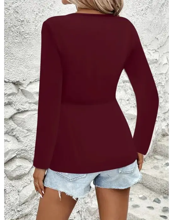 Kadın Uzun Kollu Dekolteli Sarmal Detaylı Viskon Bluz