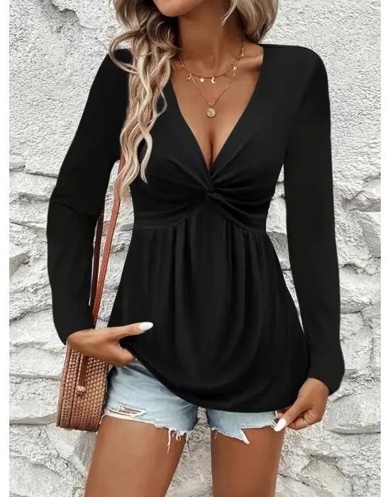 Kadın Uzun Kollu Dekolteli Sarmal Detaylı Viskon Bluz