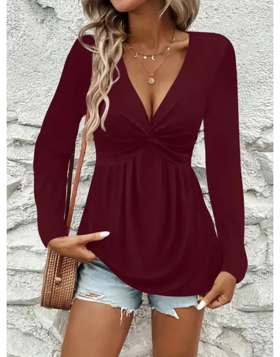 Kadın Uzun Kollu Dekolteli Sarmal Detaylı Viskon Bluz
