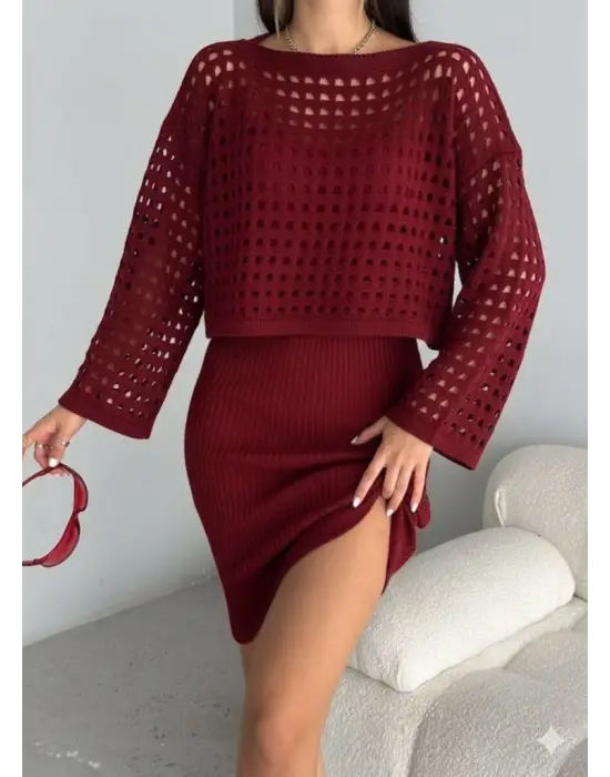 Kadın Uzun Kollu Delikli Kazak Askılı Elbise Triko Ikili Takım