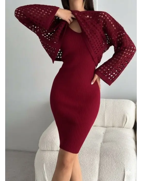 Kadın Uzun Kollu Delikli Kazak Askılı Elbise Triko Ikili Takım