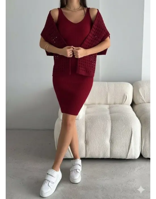 Kadın Uzun Kollu Delikli Kazak Askılı Elbise Triko Ikili Takım