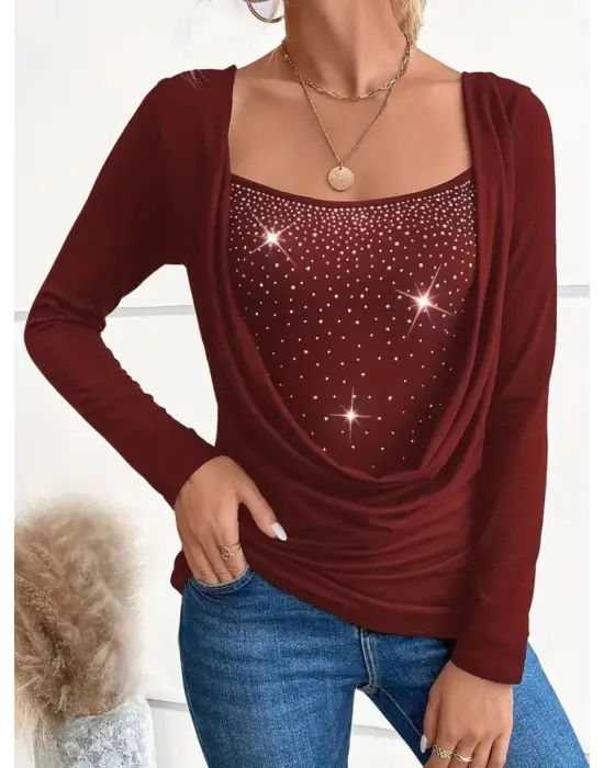 Kadın Uzun Kollu Derin Degaje Yakalı Taşlı Sandy Bluz