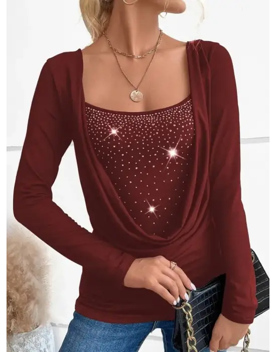 Kadın Uzun Kollu Derin Degaje Yakalı Taşlı Sandy Bluz