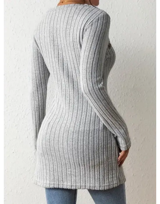 Kadın Uzun Kollu Derin Kare Yaka Düğme Detay şardonlu Kaşkorse Kruvaze Bluz