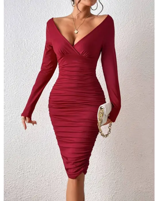 Kadın Uzun Kollu Derin Kruvaze Yakalı Büzgülü Sandy Midi Elbise