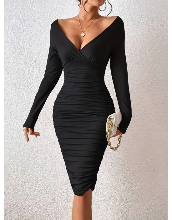 Kadın Uzun Kollu Derin Kruvaze Yakalı Büzgülü Sandy Midi Elbise