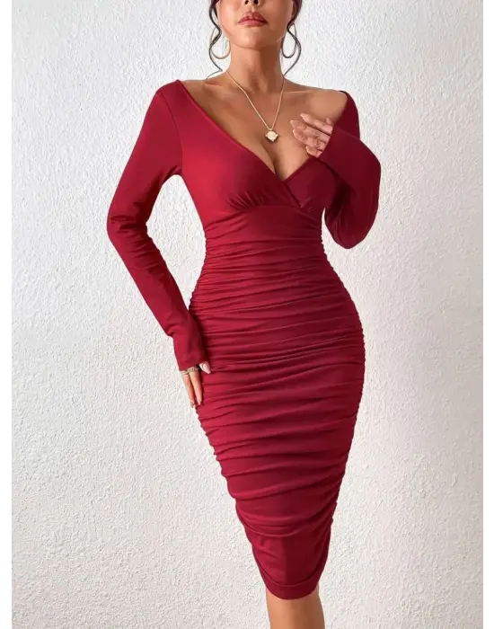 Kadın Uzun Kollu Derin Kruvaze Yakalı Büzgülü Sandy Midi Elbise