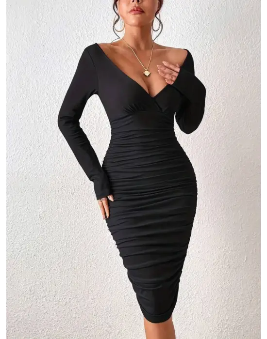 Kadın Uzun Kollu Derin Kruvaze Yakalı Büzgülü Sandy Midi Elbise