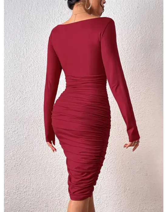 Kadın Uzun Kollu Derin Kruvaze Yakalı Büzgülü Sandy Midi Elbise