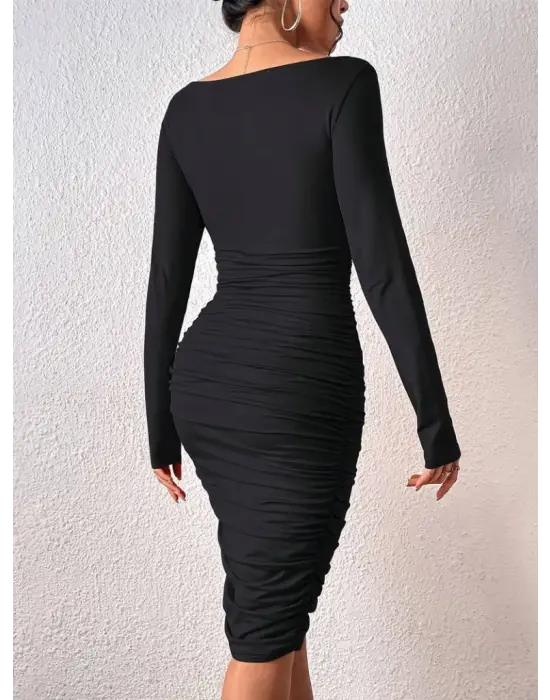 Kadın Uzun Kollu Derin Kruvaze Yakalı Büzgülü Sandy Midi Elbise