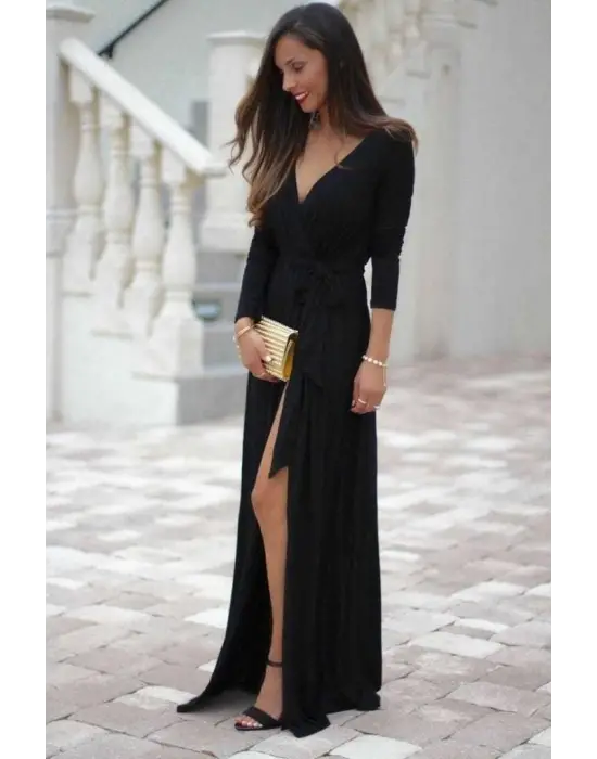 Kadın Uzun Kollu Derin V Kruvaze Yaka Beli Lastik Yırtmaç Ve Bağcık Detaylı Sandy Tam Boy Elbise