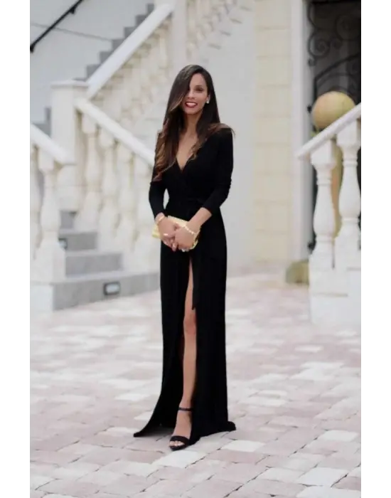 Kadın Uzun Kollu Derin V Kruvaze Yaka Beli Lastik Yırtmaç Ve Bağcık Detaylı Sandy Tam Boy Elbise