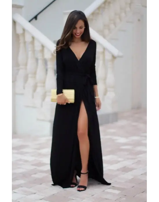 Kadın Uzun Kollu Derin V Kruvaze Yaka Beli Lastik Yırtmaç Ve Bağcık Detaylı Sandy Tam Boy Elbise