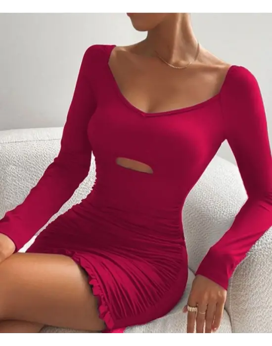 Kadın Uzun Kollu Derin V Yaka Göğüs Altı Dekolte Detay Etek Ucu Fırfırlı Sandy Mini Boy Elbise