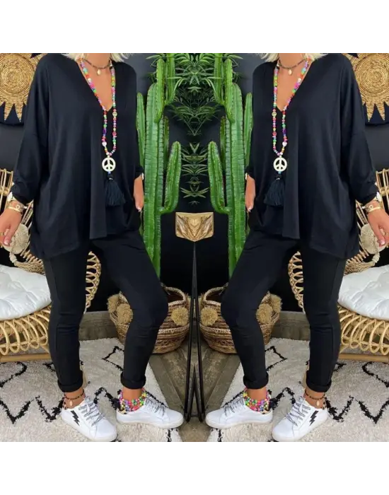 Kadın Uzun Kollu Derin V Yaka ön Kısa Arka Uzun Viskon Bluz