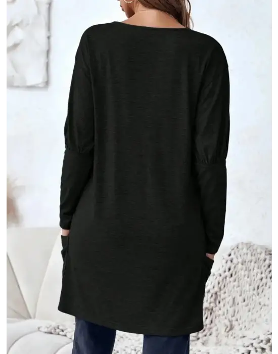 Kadın Uzun Kollu Derin V Yakalı Asimetrik Kesim Cepli Detay Yün Viskon Iki Iplik Bluz