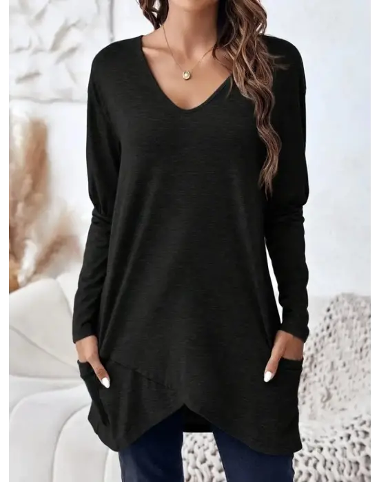 Kadın Uzun Kollu Derin V Yakalı Asimetrik Kesim Cepli Detay Yün Viskon Iki Iplik Bluz