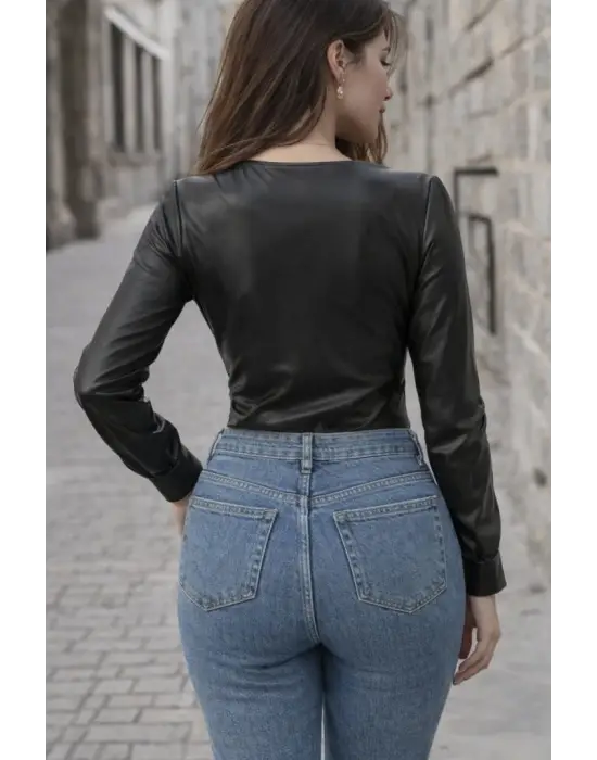 Kadın Uzun Kollu Derin V Yakalı Deri Zıbın