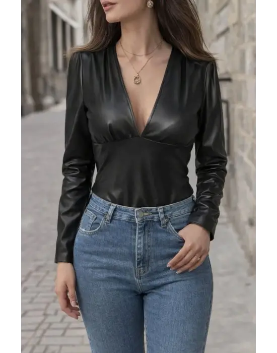 Kadın Uzun Kollu Derin V Yakalı Deri Zıbın