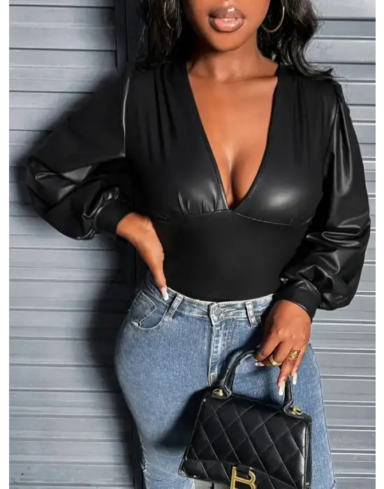 Kadın Uzun Kollu Derin V Yakalı Deri Zıbın