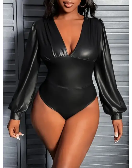 Kadın Uzun Kollu Derin V Yakalı Deri Zıbın