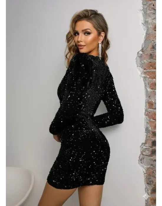 Kadın Uzun Kollu Derin V Yakalı Mini Pulpayet Elbise